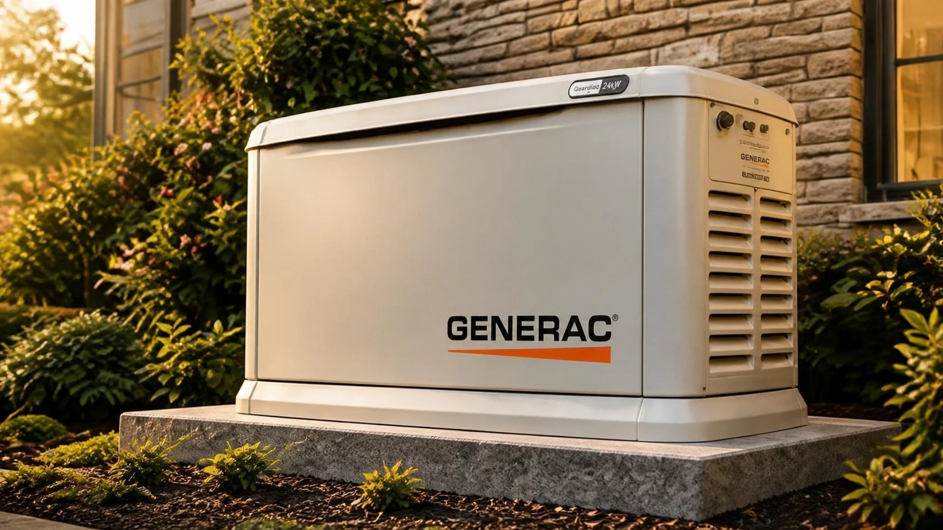 Generac home standby generator beside a stone house