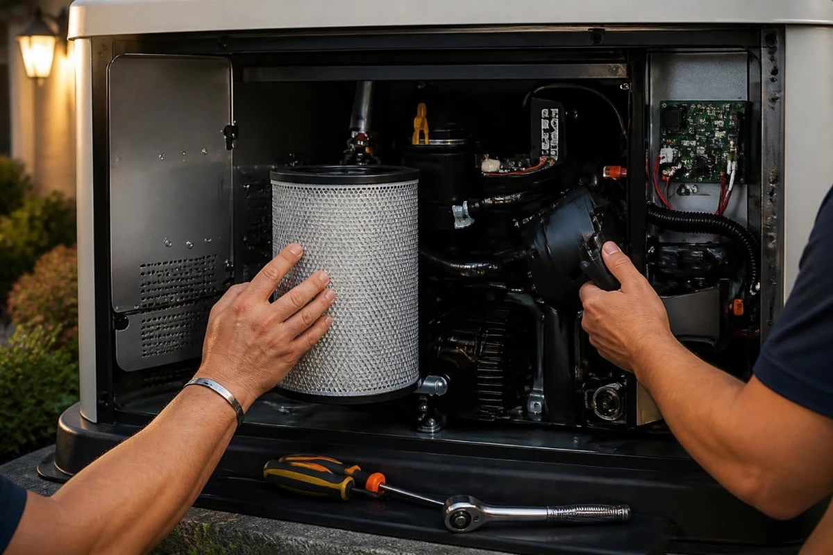 Technician replacing a generator air filter