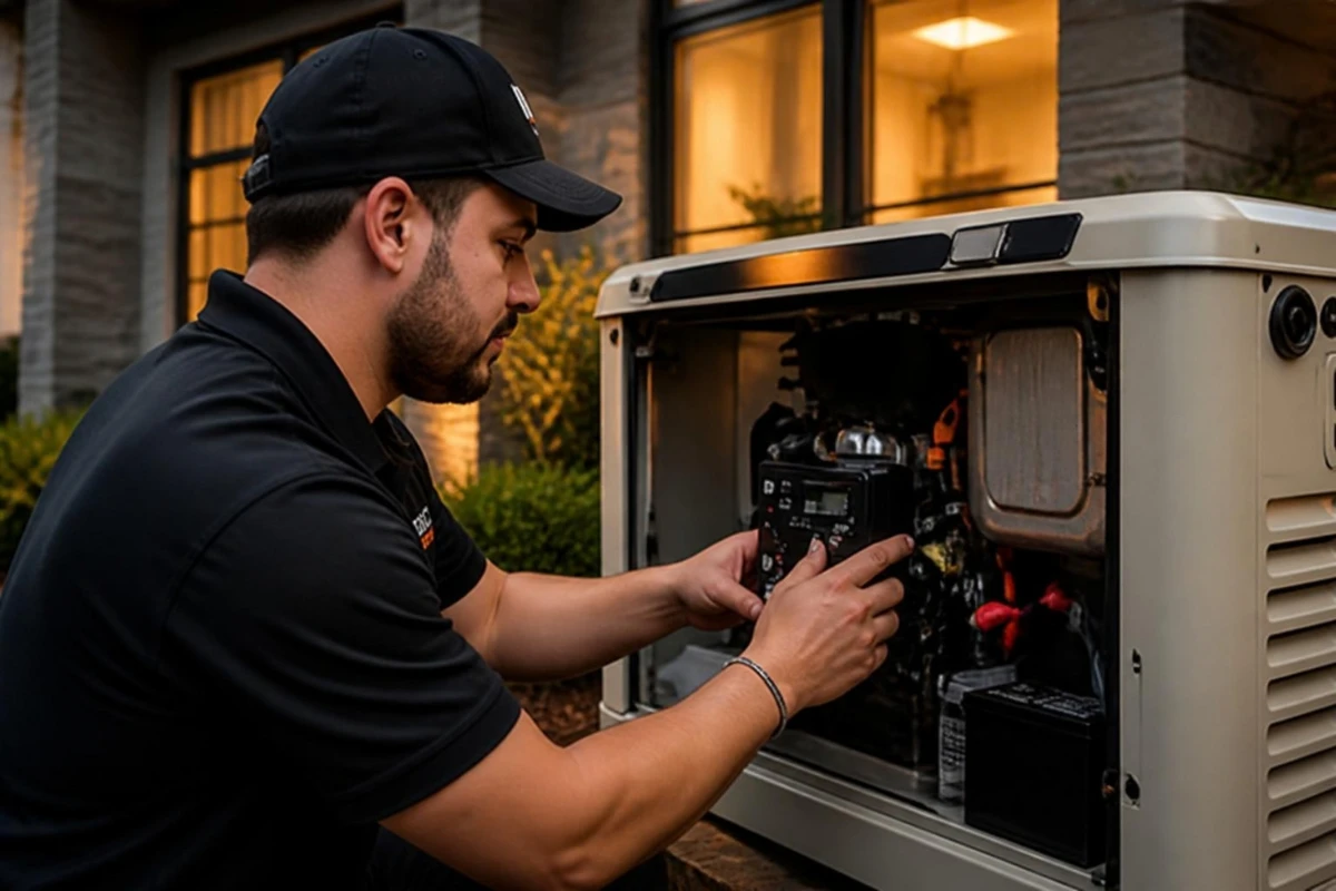 Technician servicing a home standby generator