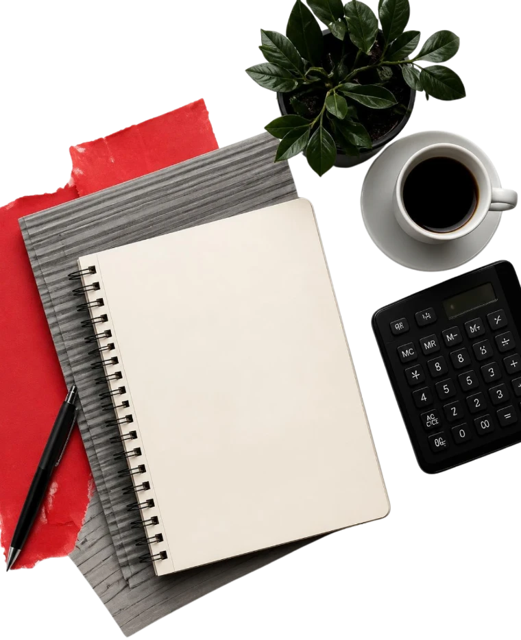 Notebook, coffee and calculator on a desk