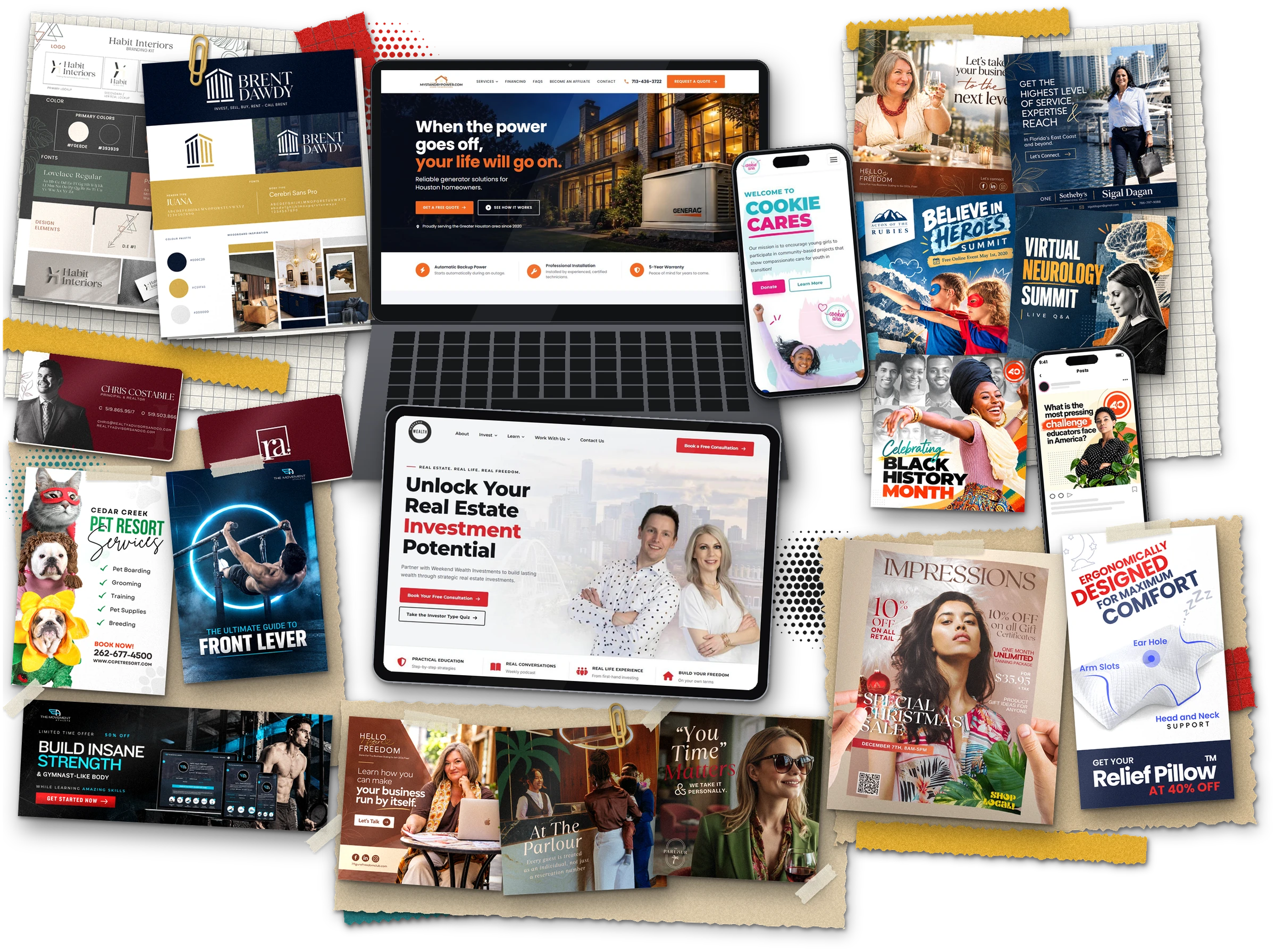 Collage of real client work: websites, social media posts, branding kits and print