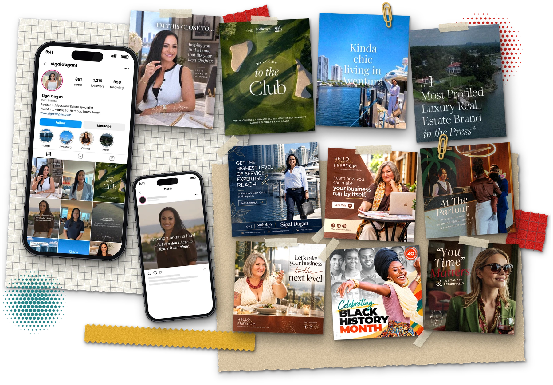 Instagram feed for Sigal Dagan on a phone, surrounded by social posts for real estate, coaching and community clients